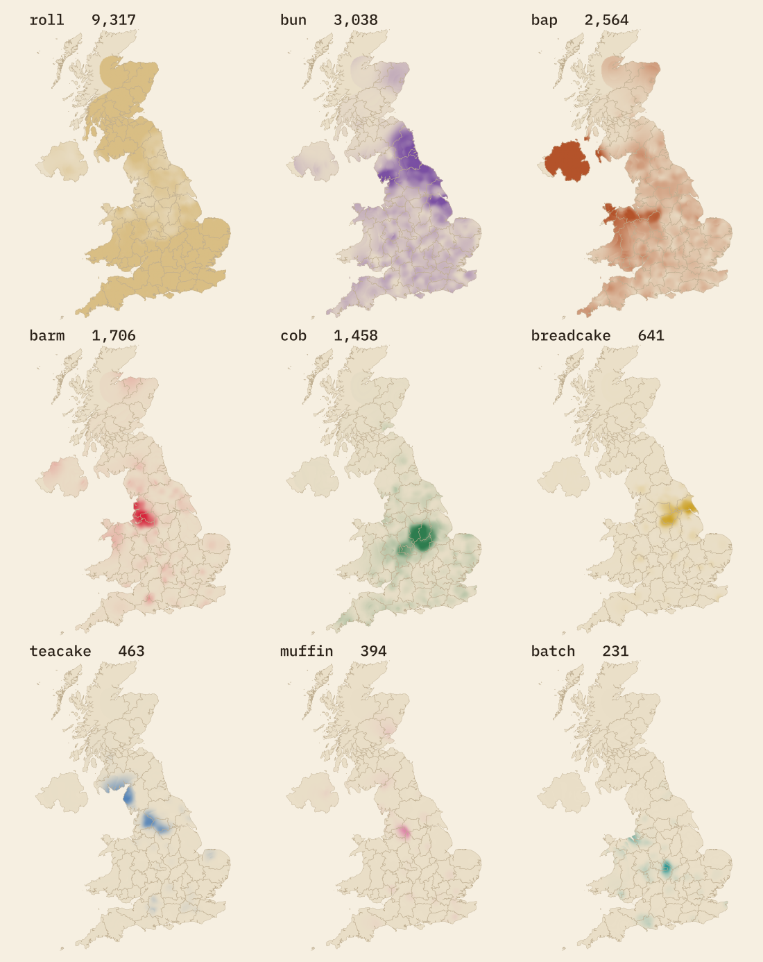 Nine small maps of the United Kingdom showing where each bread roll word is used: roll in the south and Scotland, bun in the north-east, bap in Northern Ireland, north Wales and Staffordshire, barm around Manchester and Liverpool, cob in the East Midlands, breadcake around Sheffield and Hull, teacake in east Lancashire and West Yorkshire, muffin east of Manchester and batch around Coventry and Liverpool
