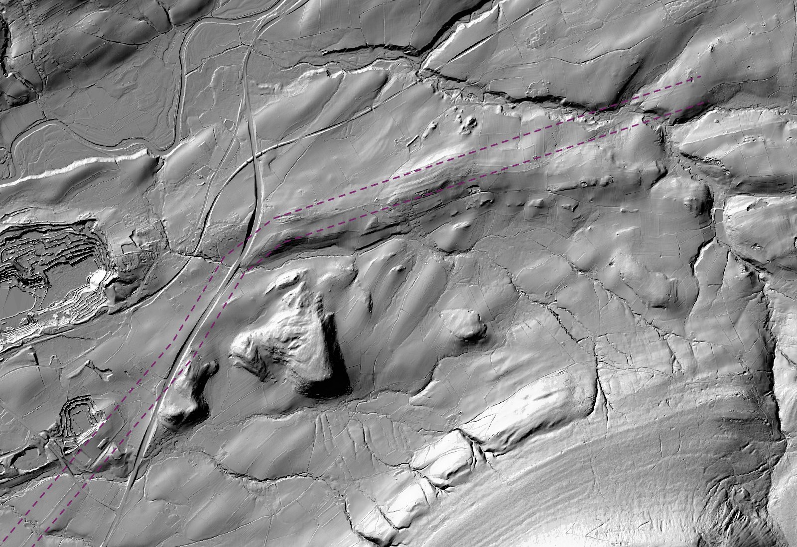 Lidar hillshade of the fields between Worston and Downham, with a straight raised bank running diagonally between two dashed purple lines