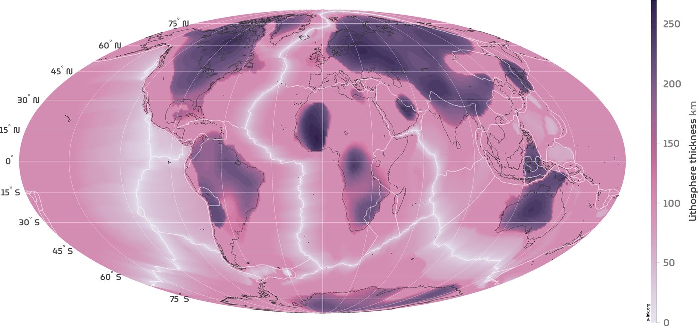 Fabio Crameri's world map of lithosphere thickness in shades from pale pink to deep purple, showing thick continental roots and thin mid-ocean ridges