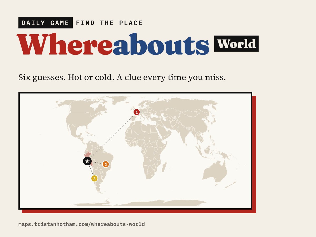 Whereabouts World: a world map with numbered guesses closing in on a star in Peru