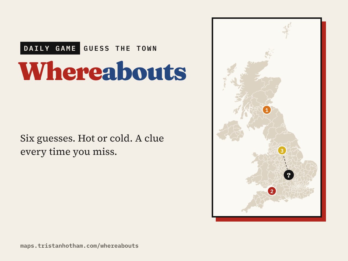 Whereabouts: a map of the UK with numbered guesses closing in on a mystery town